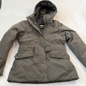 North Face Womens Dunagiri Parka Hyvent Goose Down Jacket Coat Grey Belt Strap M